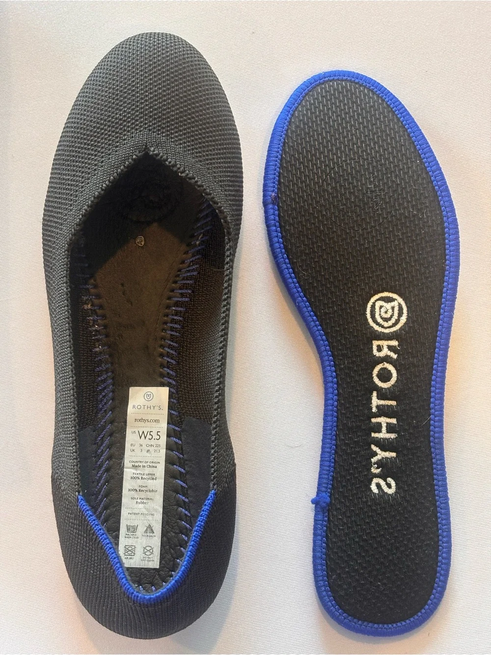 Rothy's Black Knit Ballet Flats with Blue Trim